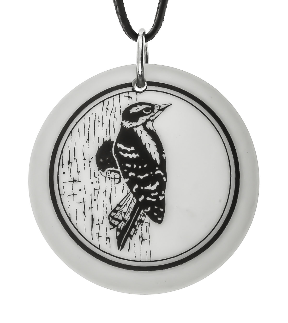 Downy Woodpecker Totem Round Handmade Porcelain Pendant