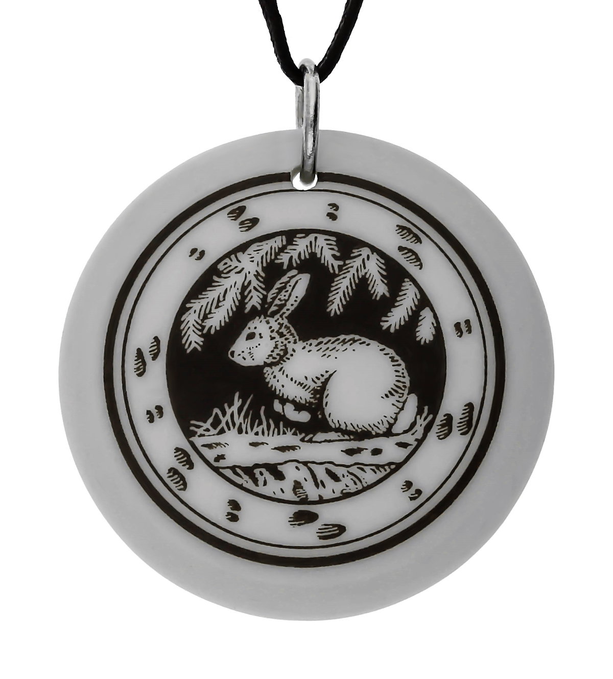 Eastern Cottontail Rabbit Totem Round Handmade Porcelain Pendant