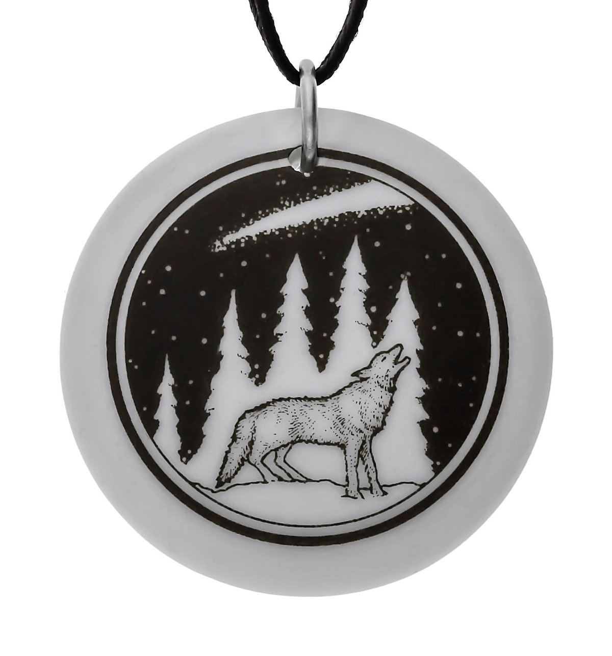 Gray Wolf Totem Round Handmade Porcelain Pendant