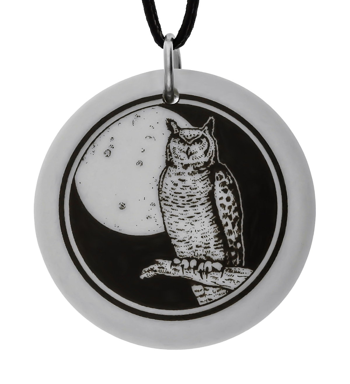 Great Horned Owl Totem Round Handmade Porcelain Pendant
