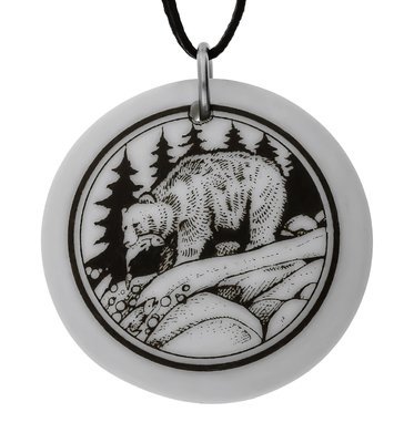Grizzly Bear Totem Round Handmade Porcelain Pendant