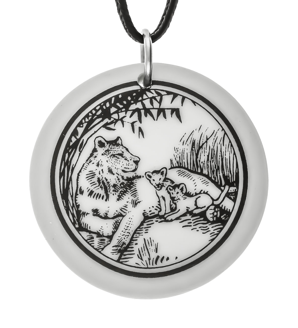 Lioness Totem Round Handmade Porcelain Pendant
