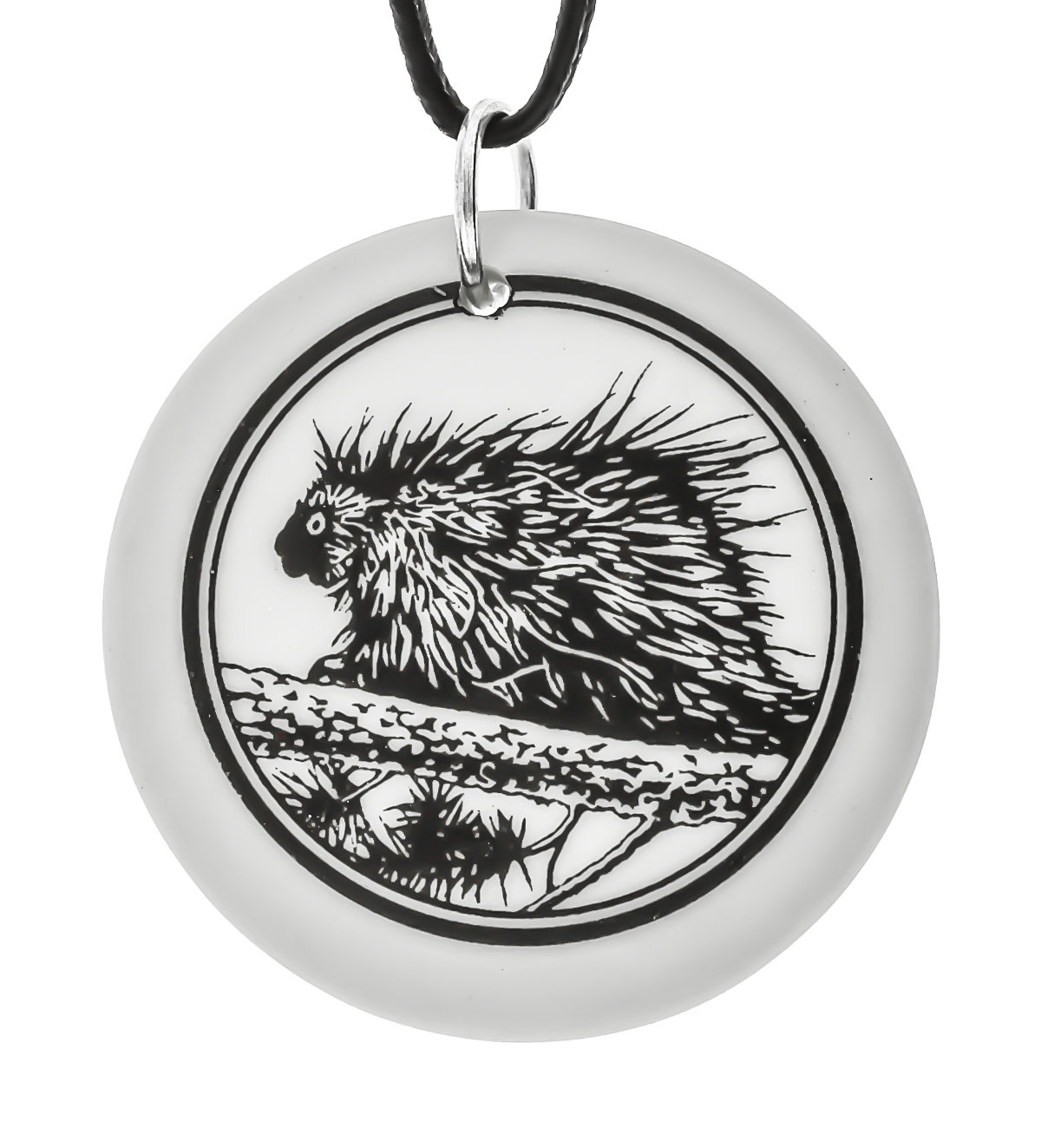 North American Porcupine Totem Round Handmade Porcelain Pendant