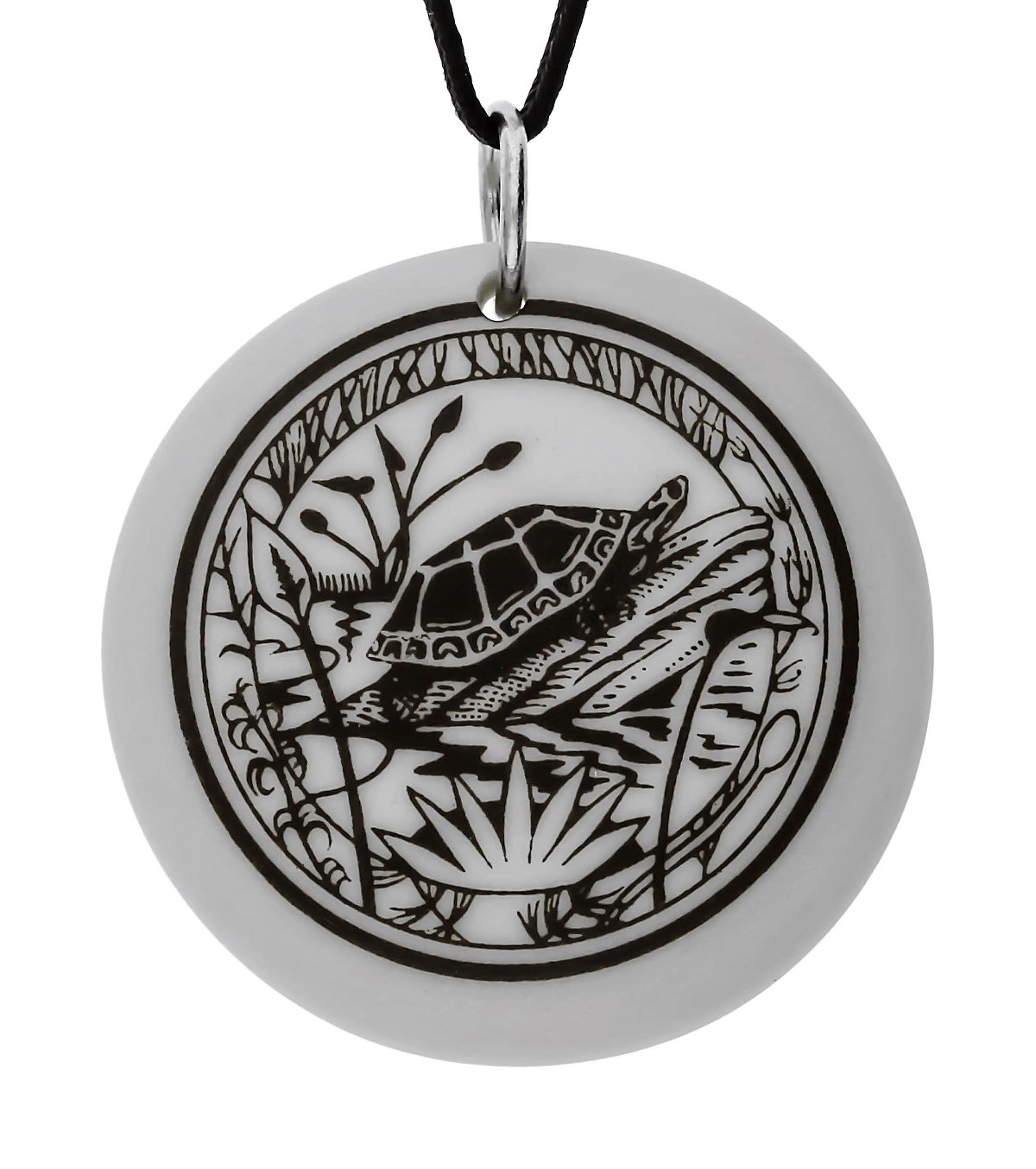 Painted Turtle Totem Round Handmade Porcelain Pendant