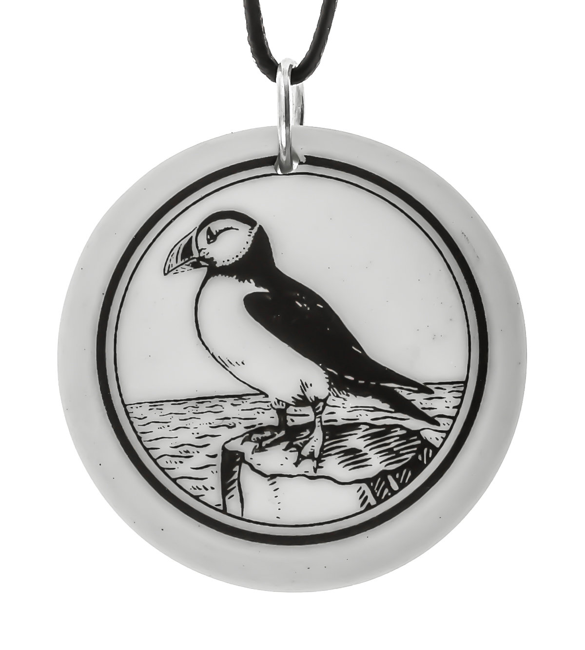 Puffin Totem Round Handmade Porcelain Pendant