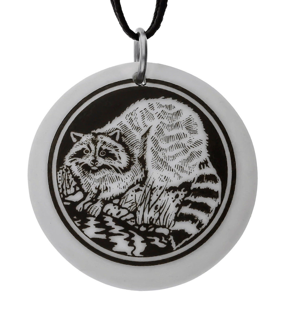 Raccoon Totem Round Handmade Porcelain Pendant