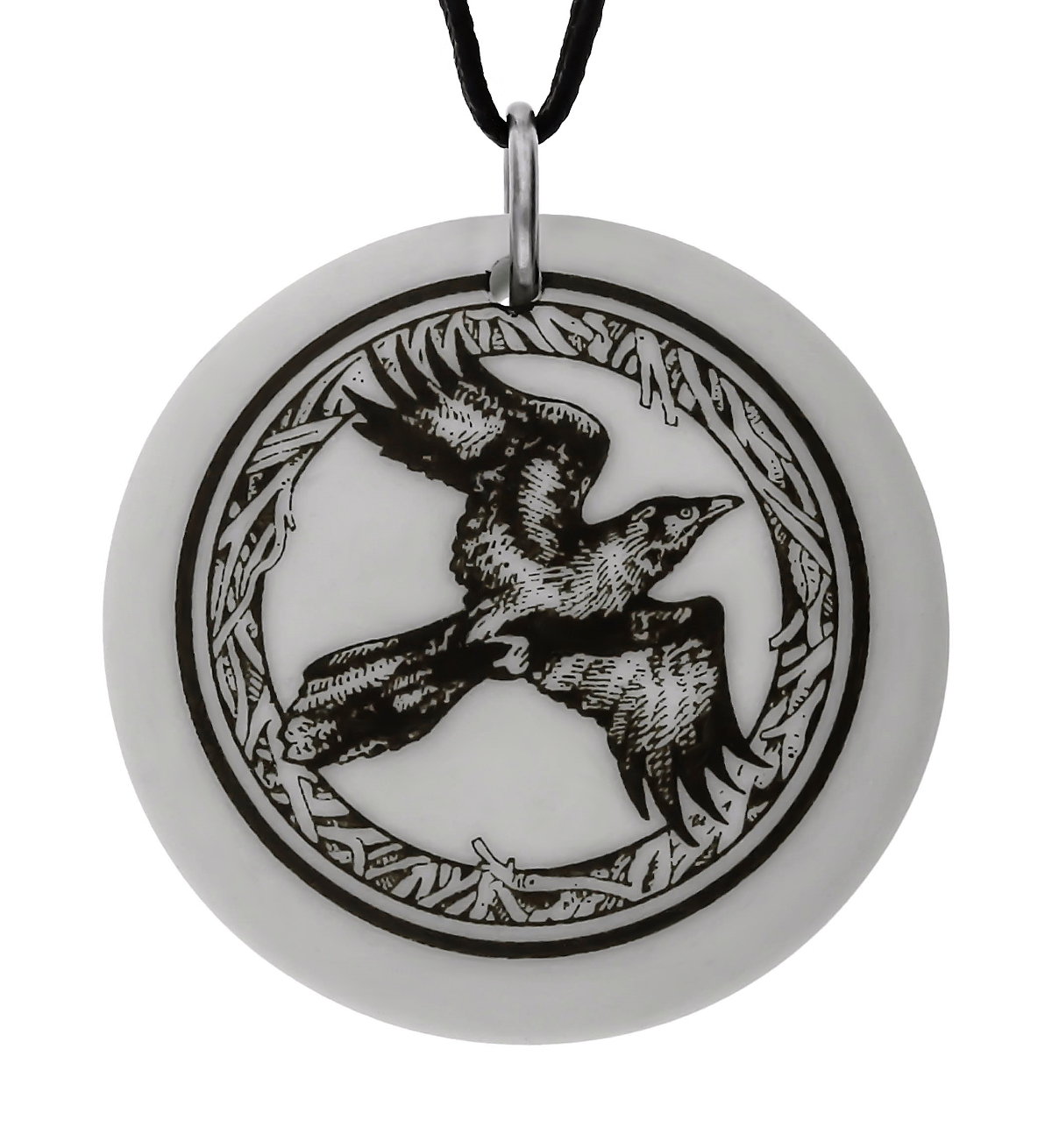 Raven Totem Round Handmade Porcelain Pendant