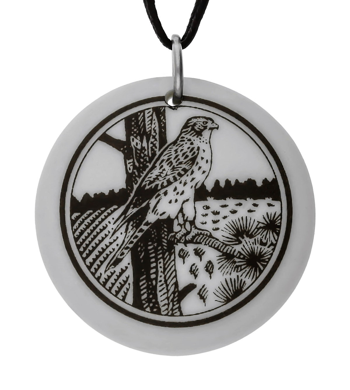 Hawk Totem Round Handmade Porcelain Pendant