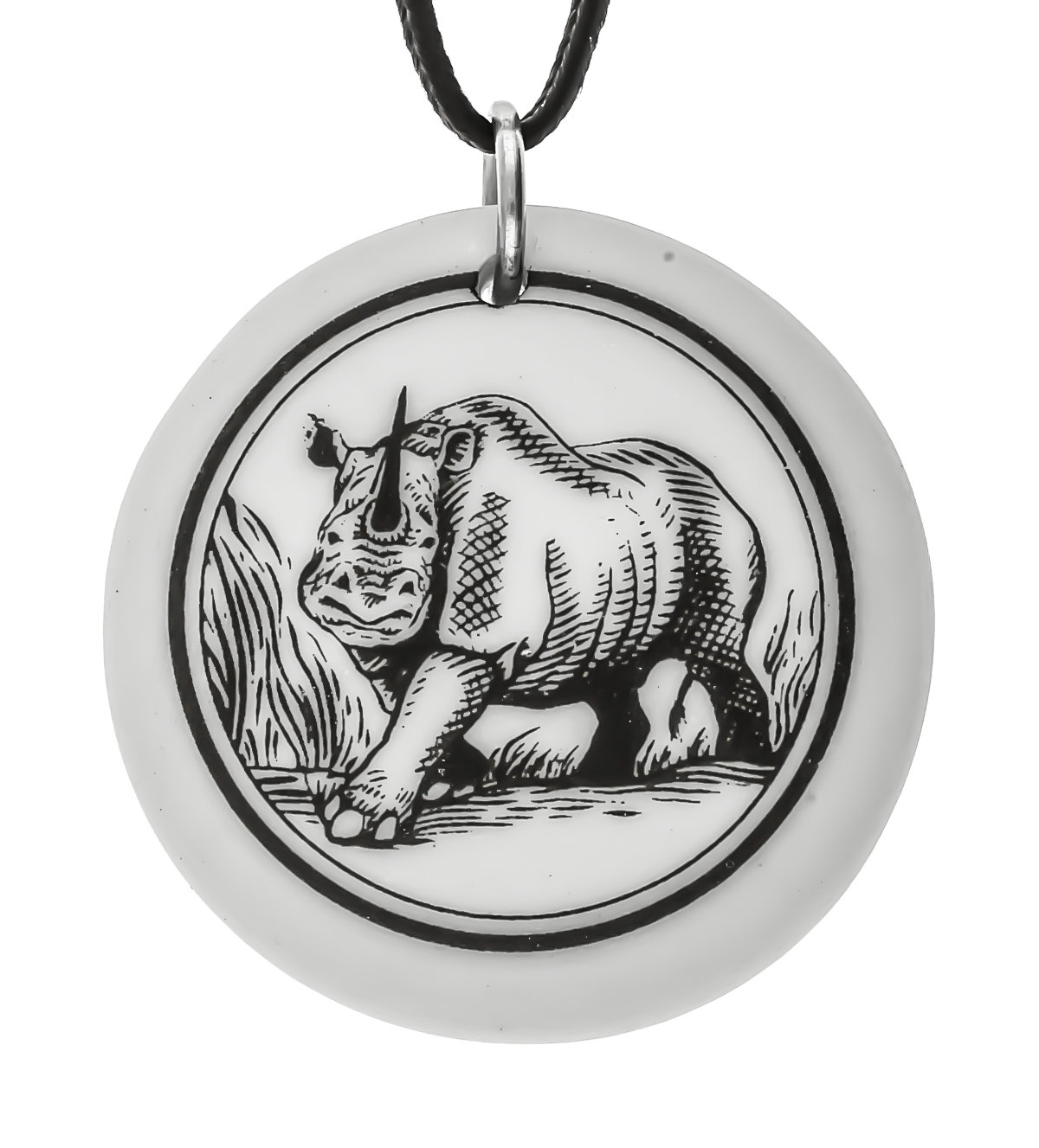 Rhinoceros Totem Round Handmade Porcelain Pendant