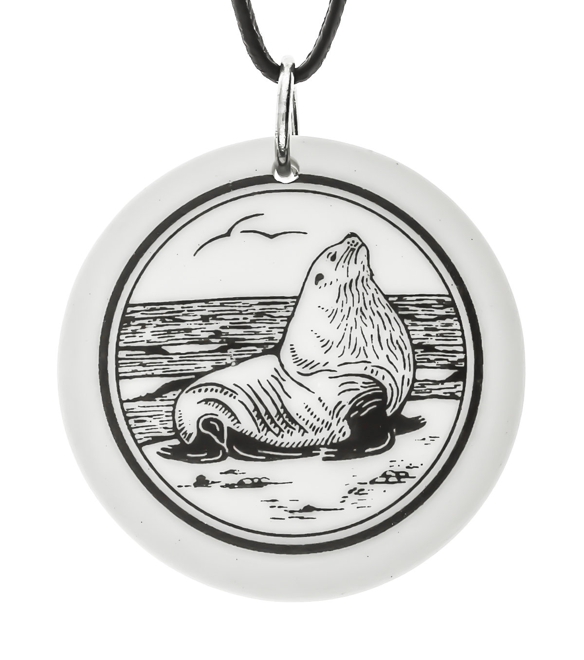 Sea Lion Totem Round Handmade Porcelain Pendant