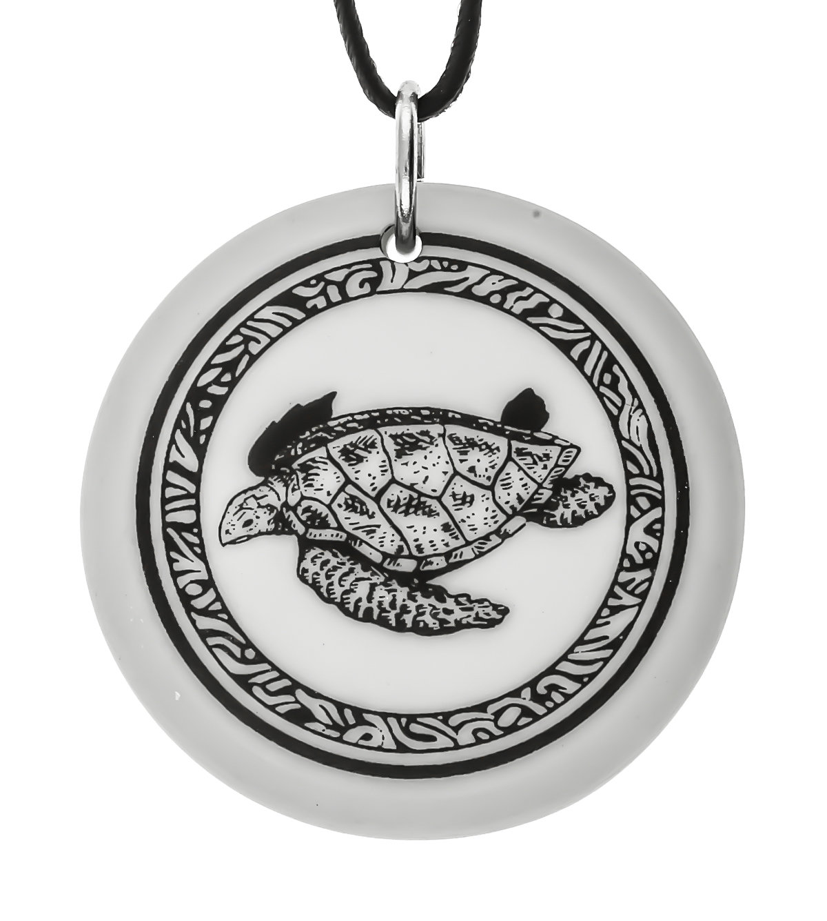 Sea Turtle Totem Round Handmade Porcelain Pendant