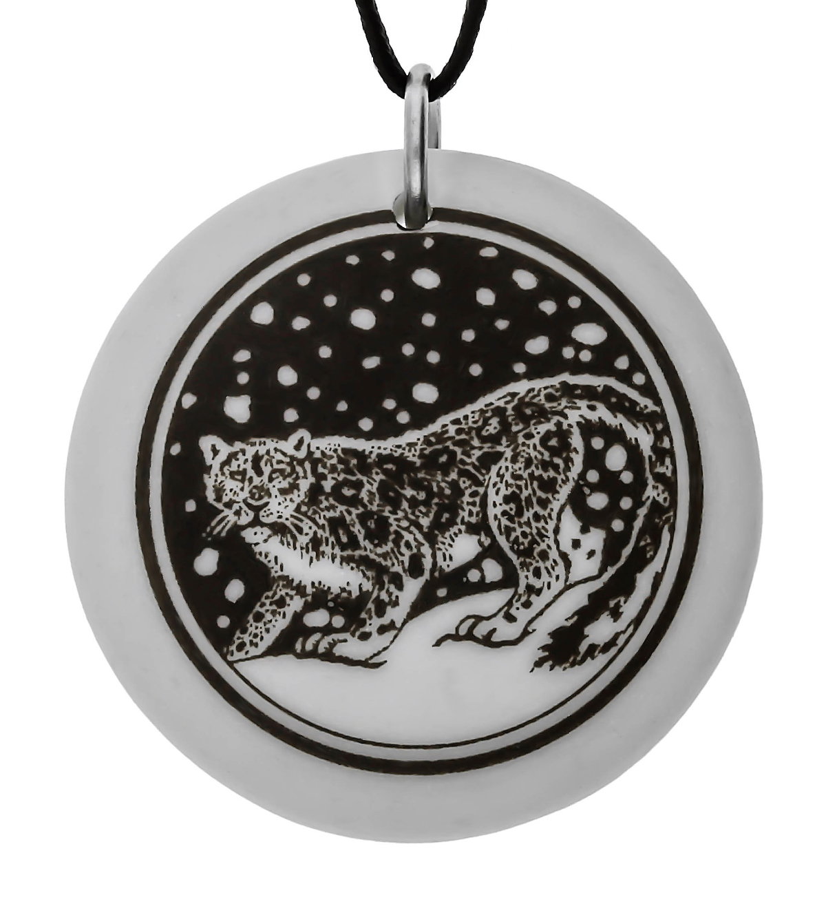 Snow Leopard Totem Round Handmade Porcelain Pendant