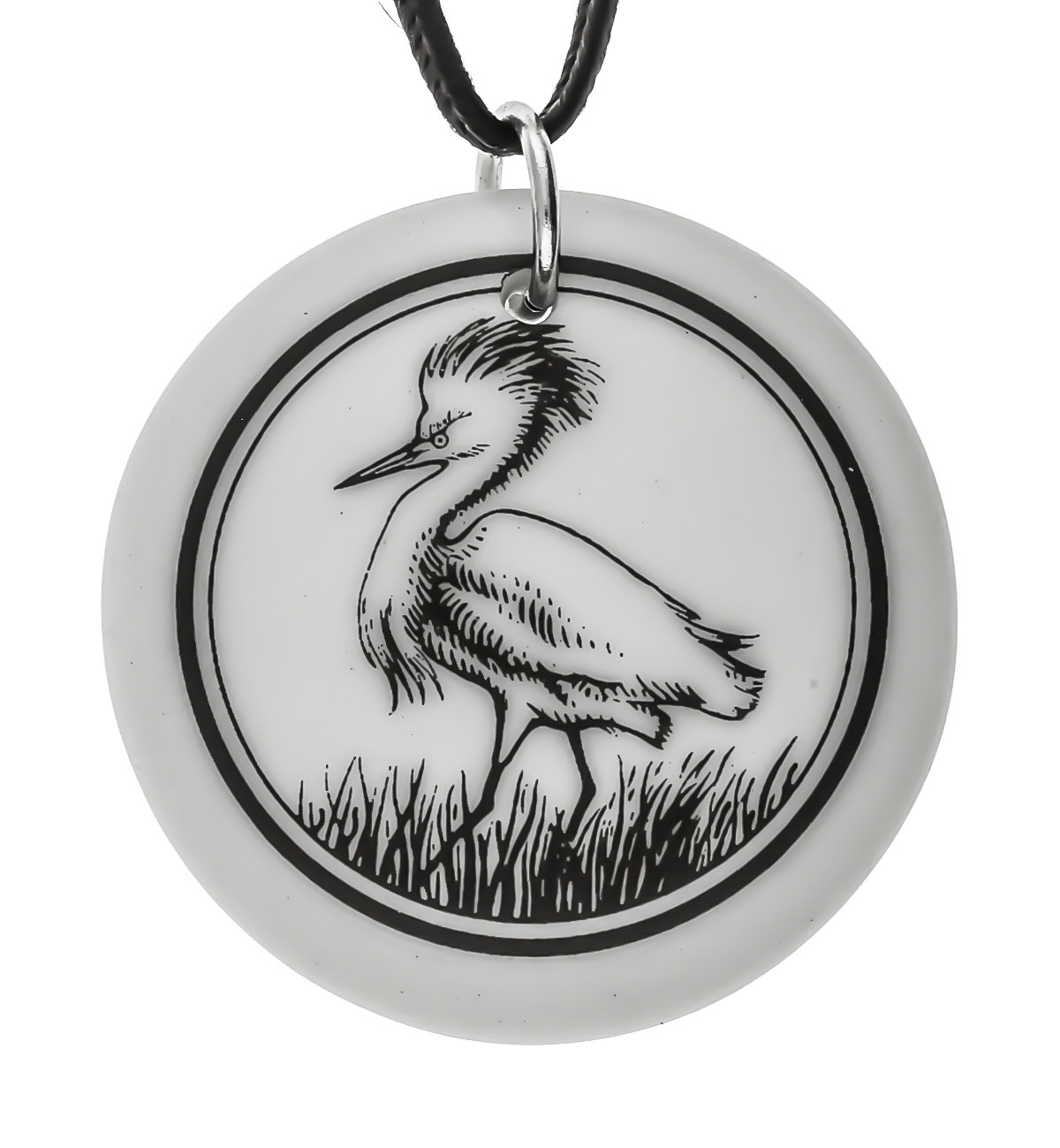 Snowy Egret Totem Round Handmade Porcelain Pendant
