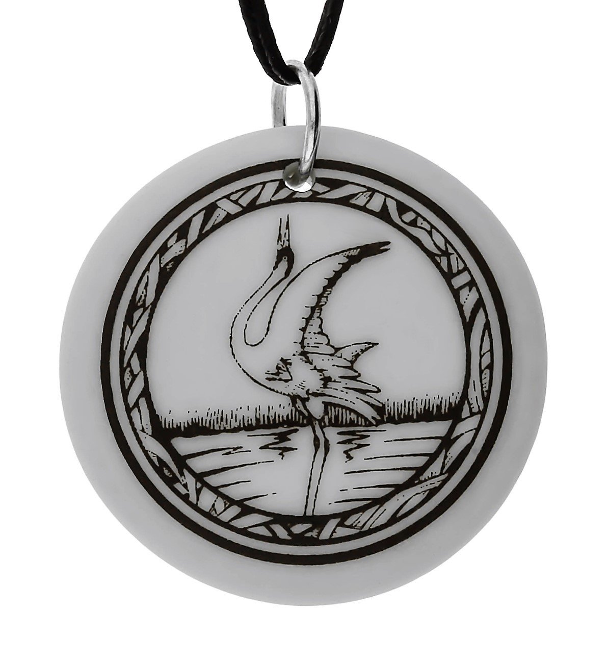 Whooping Crane Totem Round Handmade Porcelain Pendant