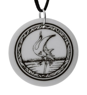 Whooping Crane Totem Round Handmade Porcelain Pendant