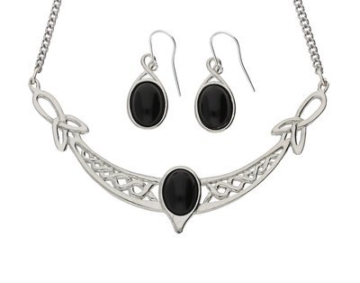 Celtic Triquetras Knotwork Black Onyx Gemstone Handmade Pewter Necklace Set