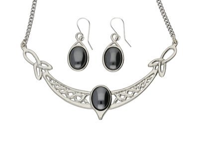 Celtic Triquetras Knotwork Hematite Moonstone Handmade Pewter Necklace Set