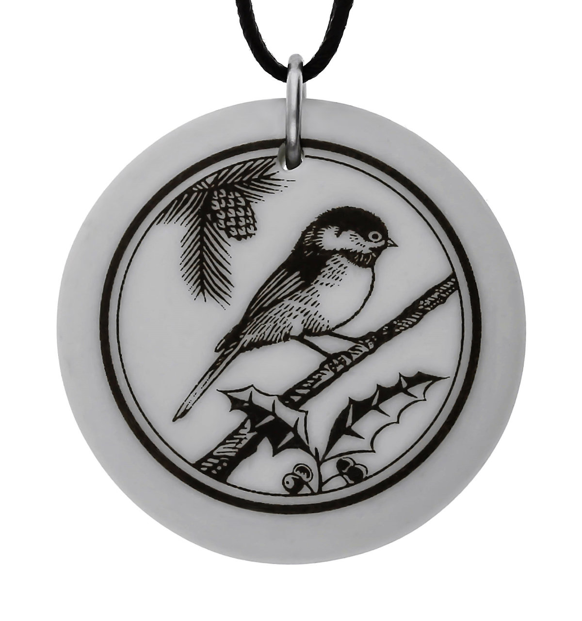 Chickadee Totem Round Handmade Porcelain Pendant
