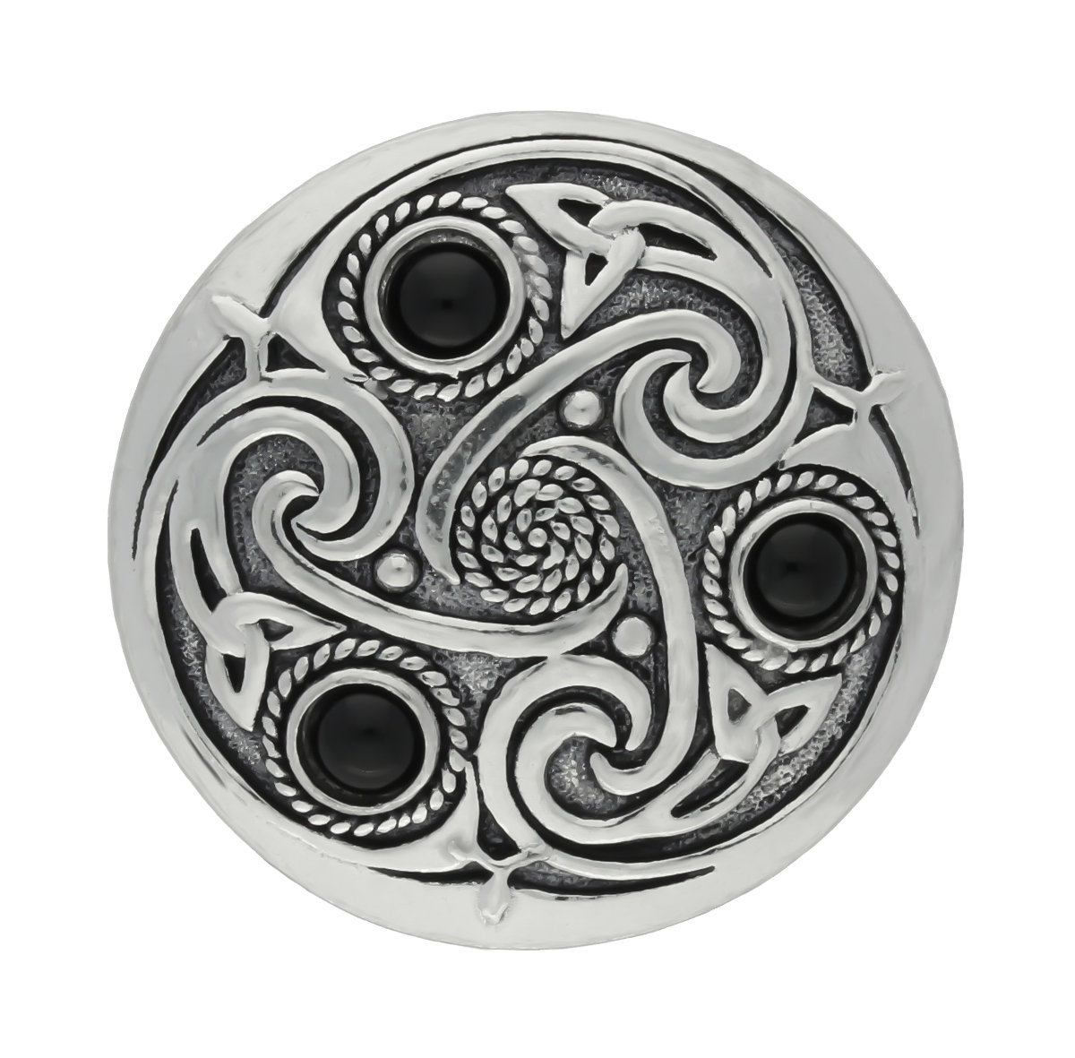 Celtic Triskele 3 Black Onyx Gemstones Handmade Pewter Brooch