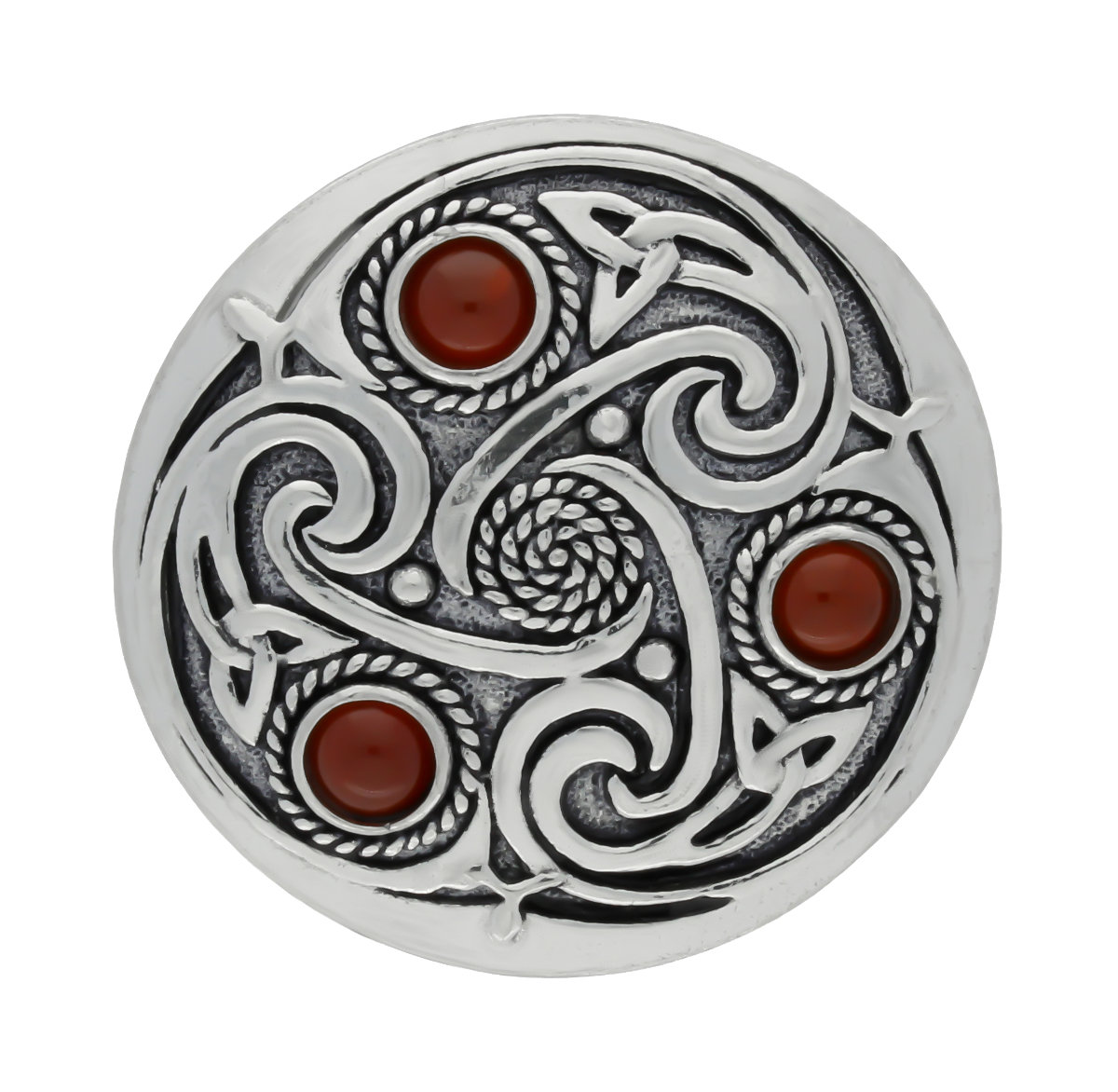 Celtic Triskele 3 Carnelian Gemstones Handmade Pewter Brooch