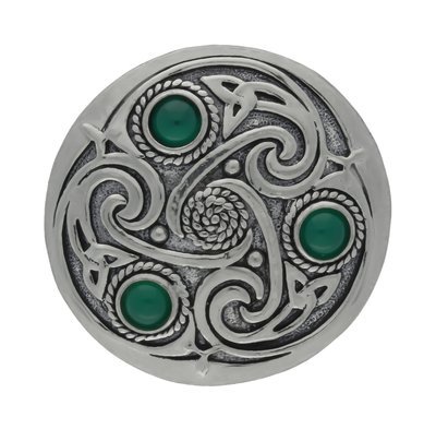 Celtic Triskele 3 Green Onyx Gemstones Handmade Pewter Brooch