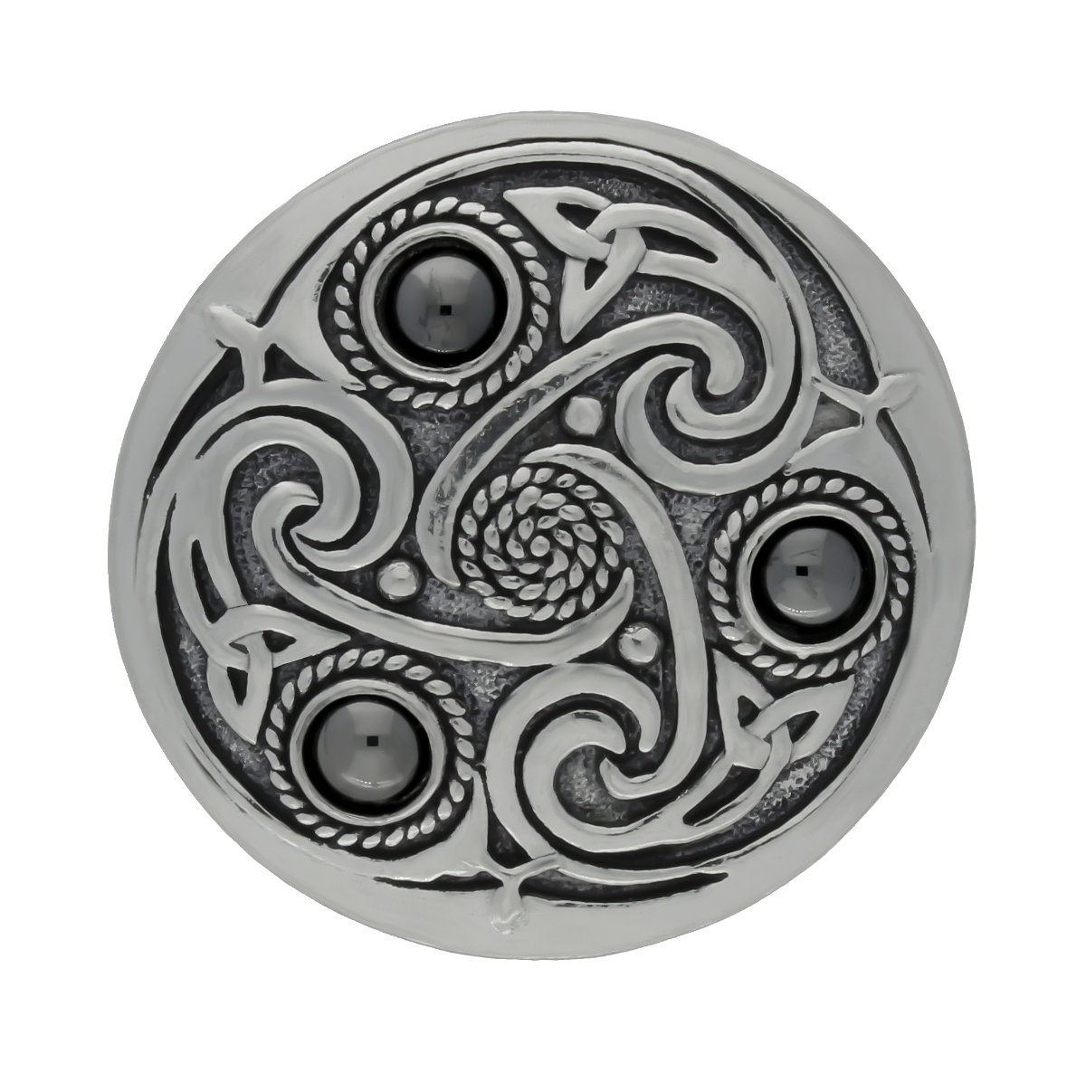 Celtic Triskele 3 Hematite Moonstones Handmade Pewter Brooch