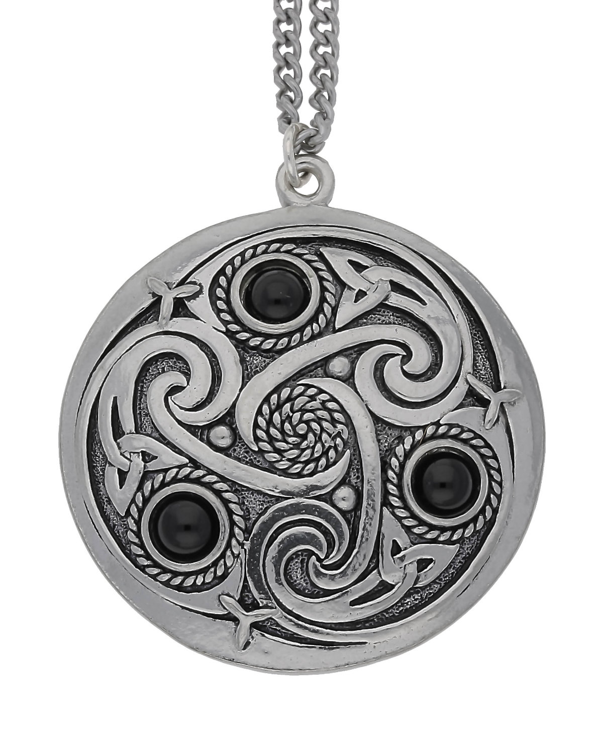 Celtic Triskele 3 Black Onyx Gemstones Handmade Pewter Chain Pendant