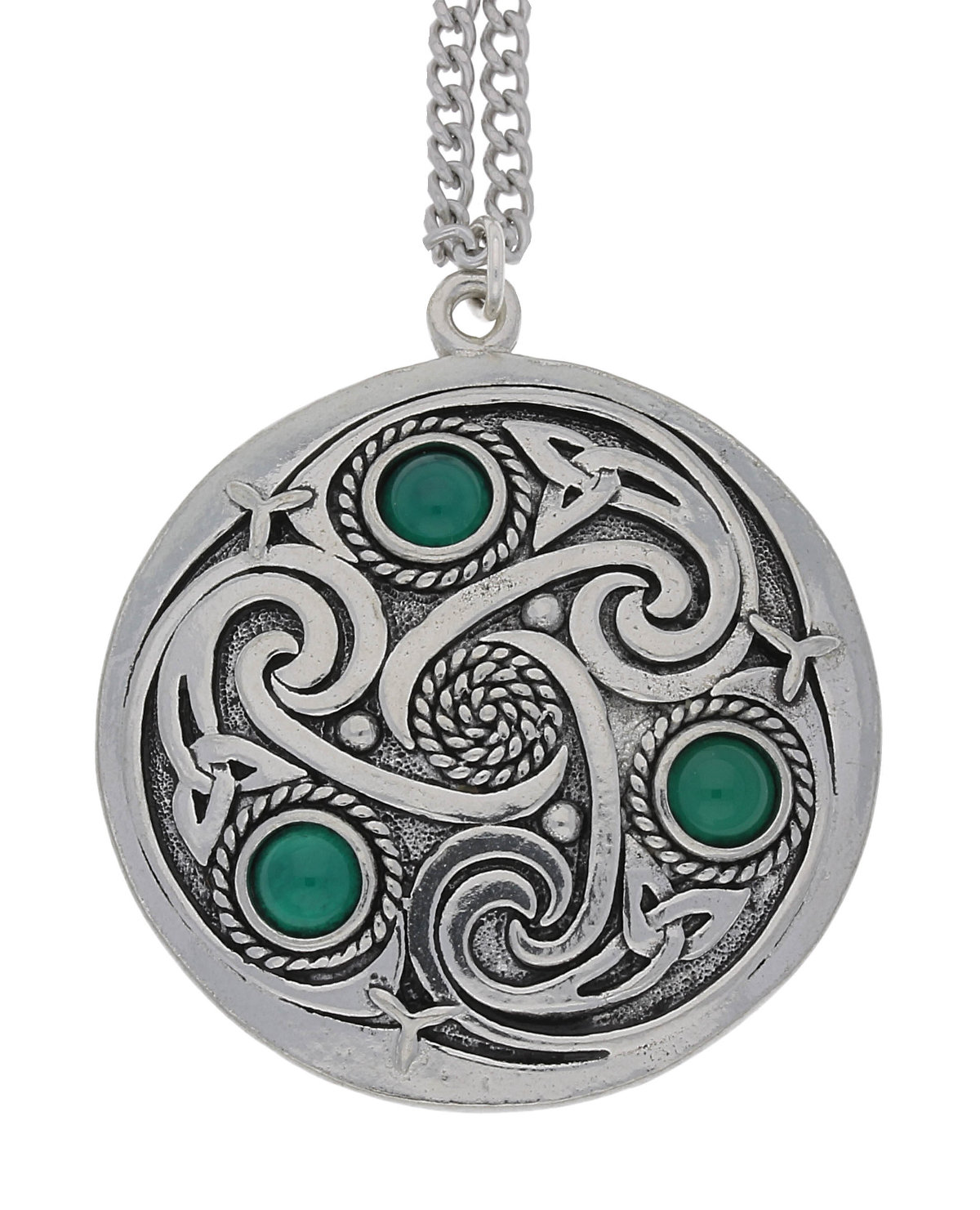 Celtic Triskele 3 Green Onyx Gemstones Handmade Pewter Chain Pendant
