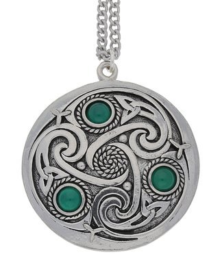Celtic Triskele 3 Green Onyx Gemstones Handmade Pewter Chain Pendant