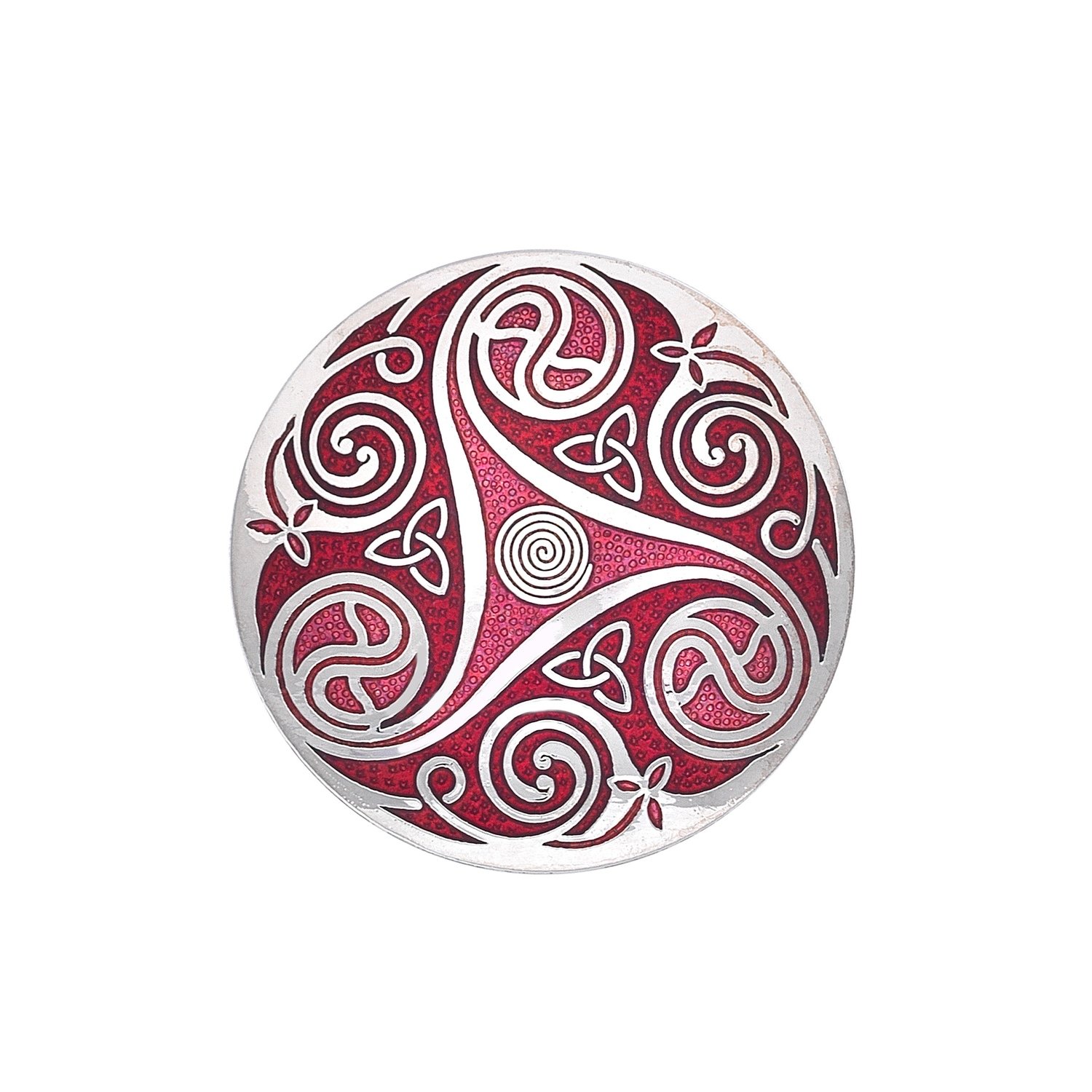 Enamel Rhodium Plated Celtic Triskele Red Brooch