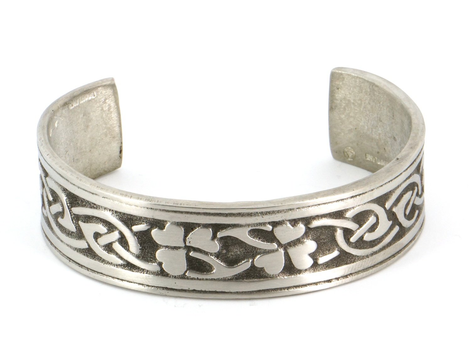 Celtic Interlace Shamrock Matte Finish Handmade Pewter Cuff Bracelet