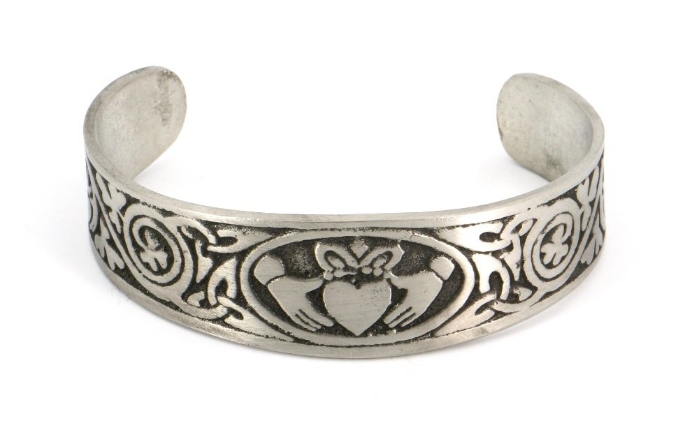 Claddagh With Traditional Irish Shamrock Celtic Matte Finish Handmade Pewter Cuff Bracelet