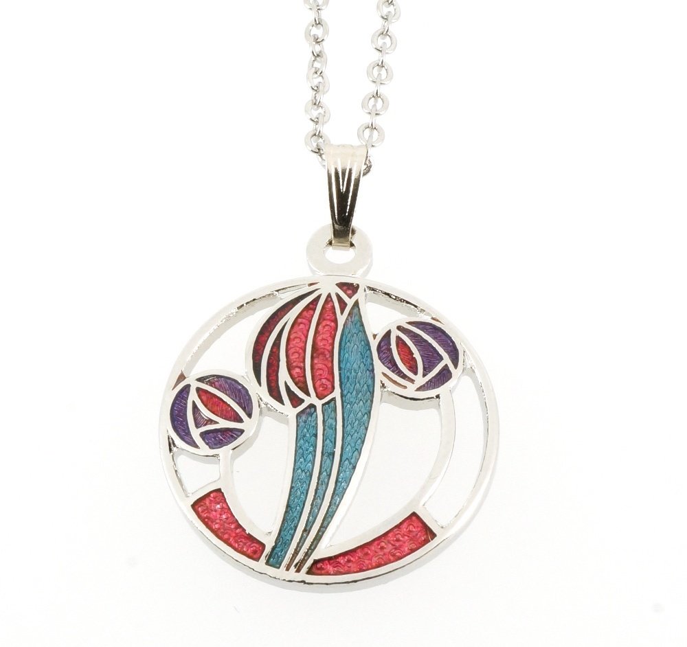 Enamel Rhodium Plated Celtic Mackintosh, Red Tulip Chain Pendant