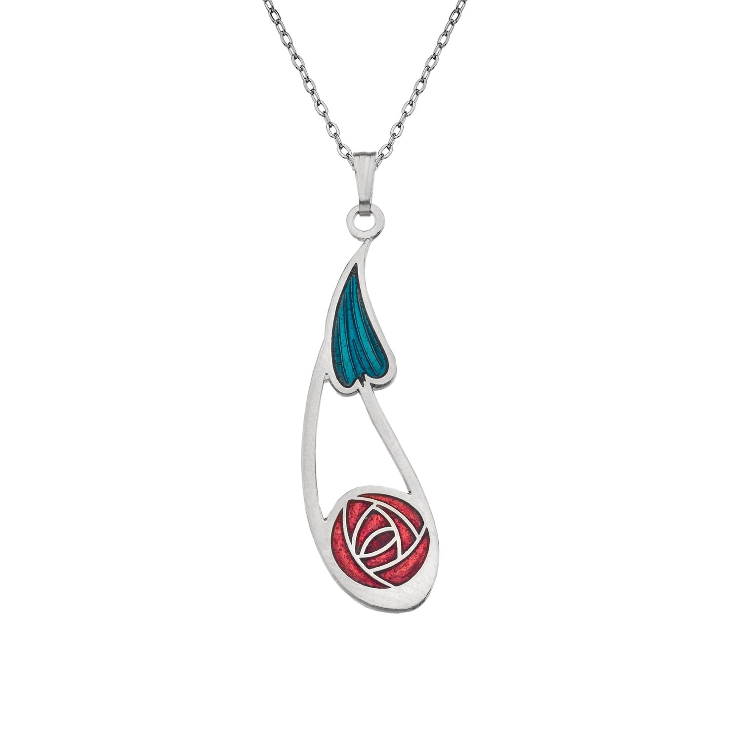Enamel Rhodium Plated Celtic Mackintosh Rose with Leaf Chain Pendant