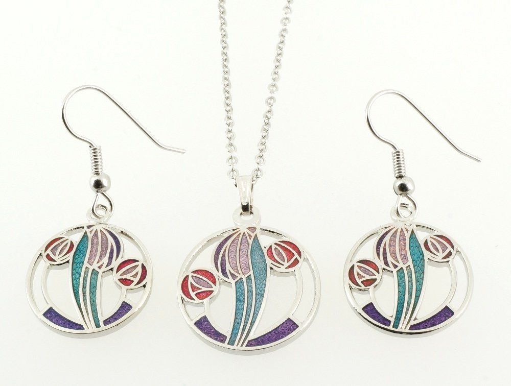 Enamel Rhodium Plated Celtic Mackintosh Pendant &amp; Earrings Set
