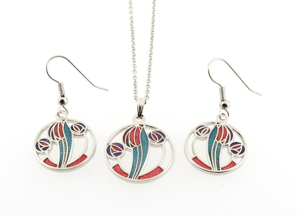 Enamel Rhodium Plated Celtic Mackintosh Pendant &amp; Earrings Set