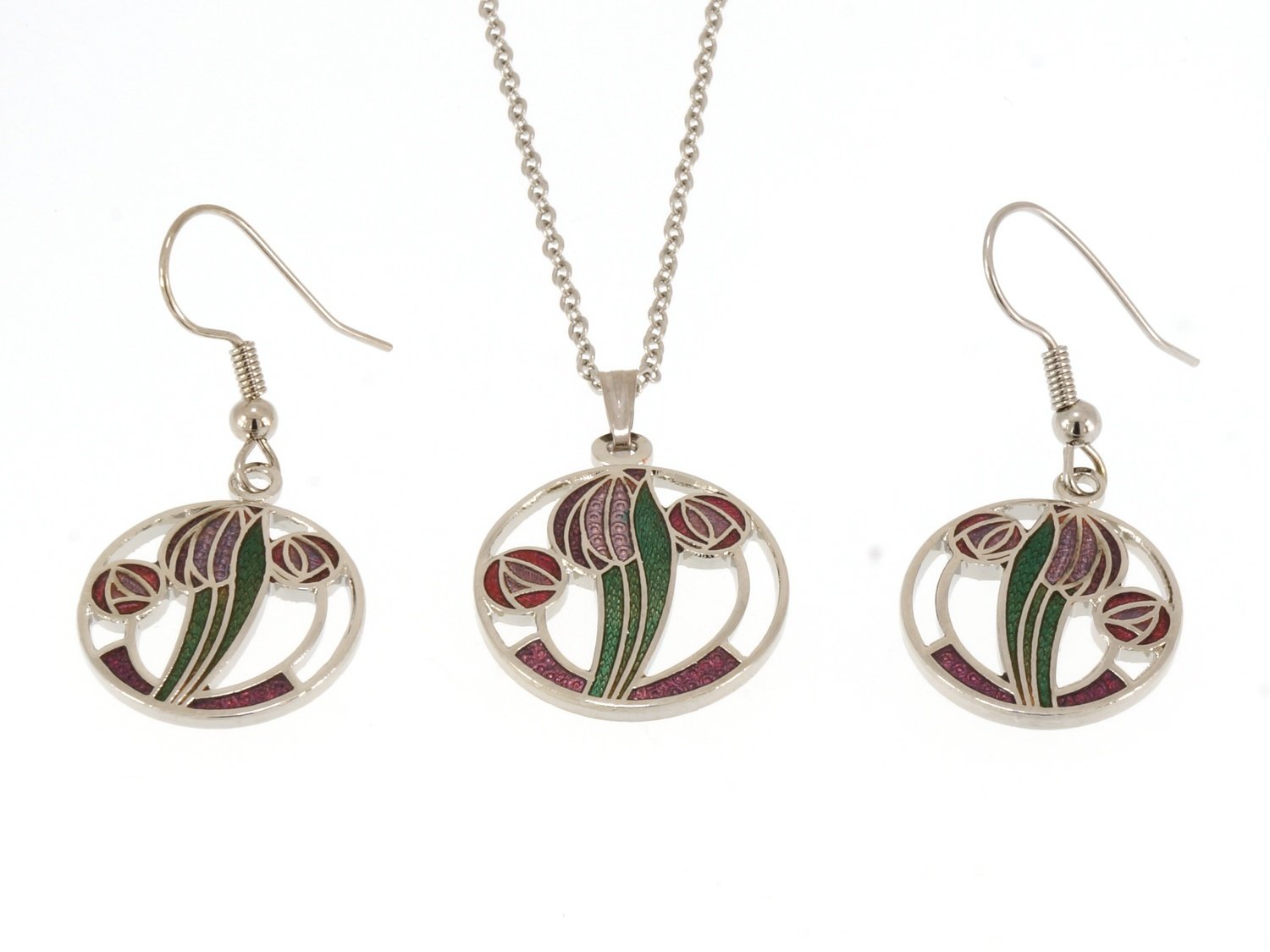 Enamel Rhodium Plated Celtic Mackintosh Pendant &amp; Earrings Set