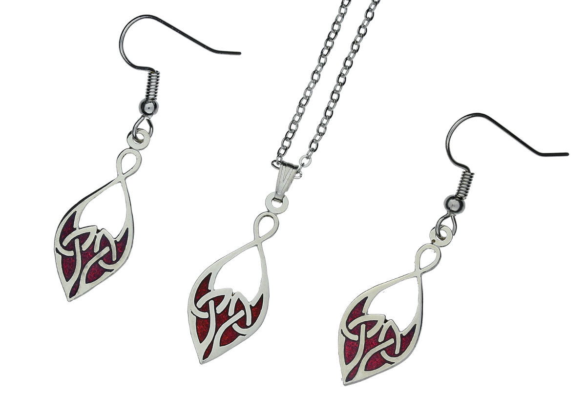 Enamel Rhodium Plated Celtic Trinity Knot Red Pendant &amp; Earrings Set