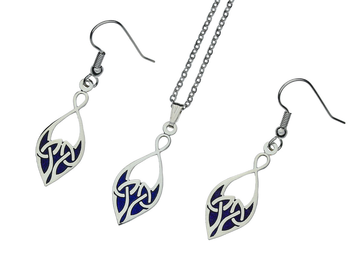 Enamel Rhodium Plated Celtic Trinity Knot Blue Pendant &amp; Earrings Set