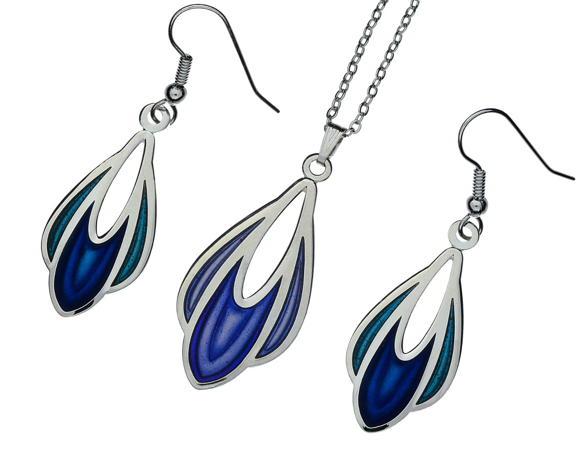 Enamel Rhodium Plated Celtic Mackintosh Blue Tulip Pendant &amp; Earrings Set