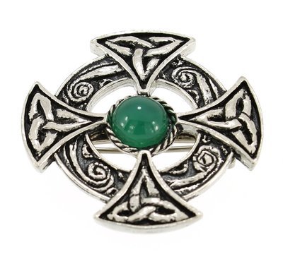 Celtic Circular Cross Green Onyx Quartz Gemstone Handmade Pewter Brooch