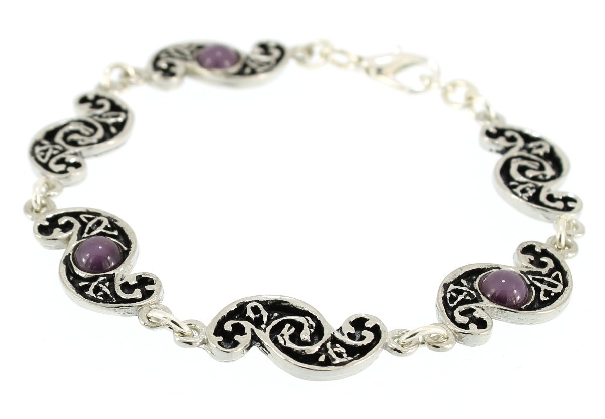 S-Shaped Celtic Design Amethyst Moonstones Handmade Pewter Bracelet