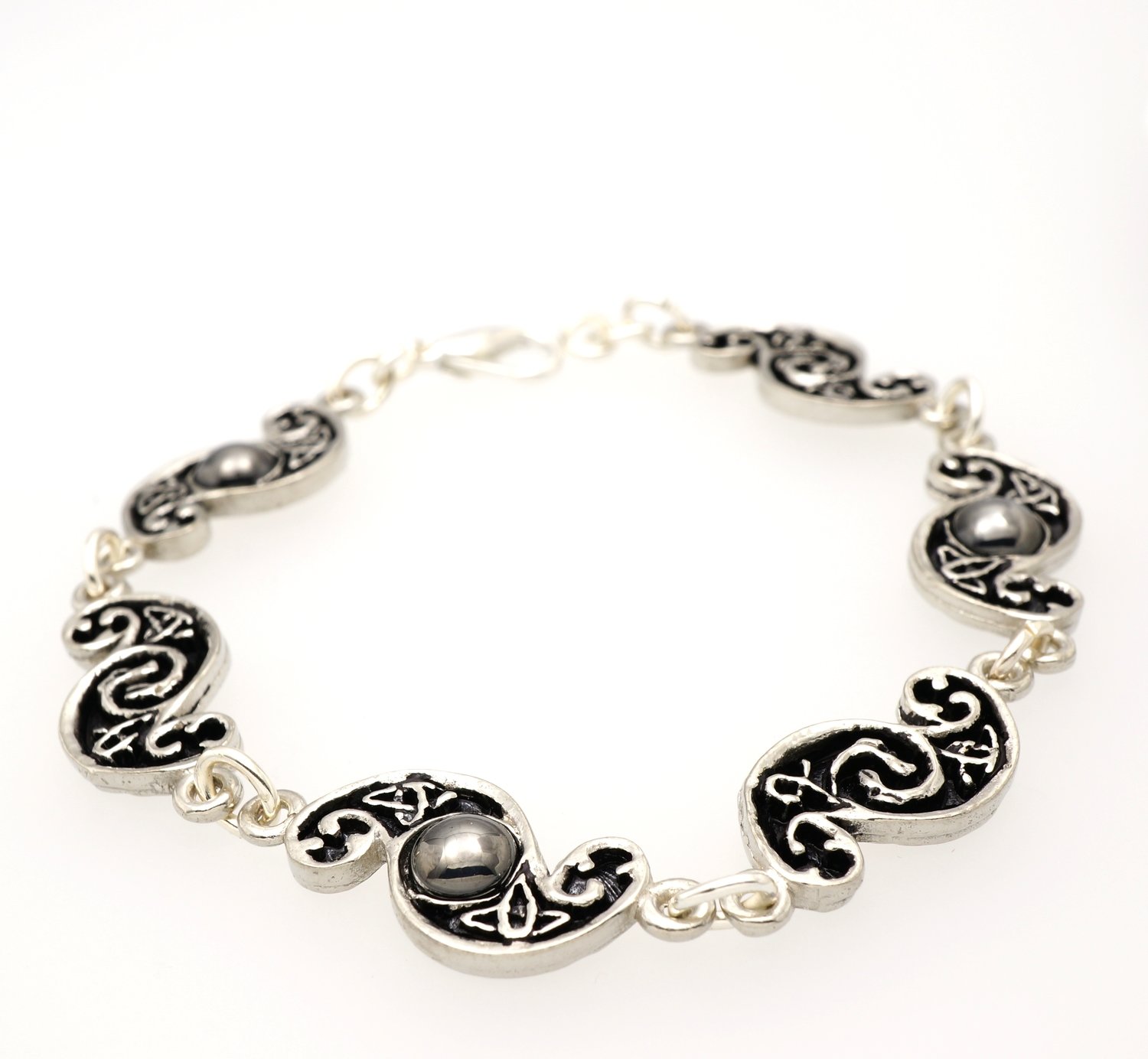 S-Shaped Celtic Design Hematite Moonstones Handmade Pewter Bracelet