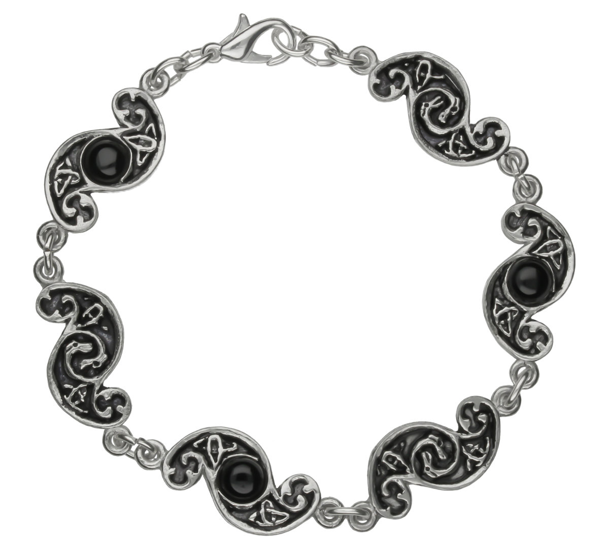 S-Shaped Celtic Design Black Onyx Gemstones Handmade Pewter Bracelet