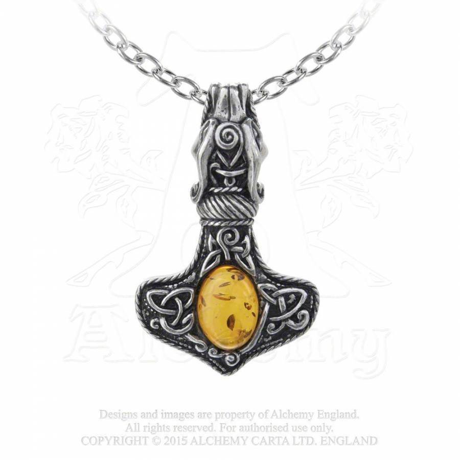 Alchemy Amber Gemstone Dragon Thor's Hammer Pewter Chain Pendant
