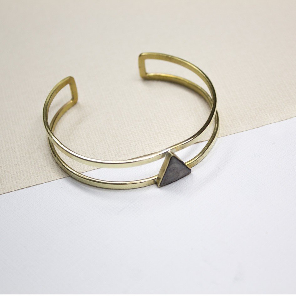 Handmade Casted Geo Cuff Brass Bracelet with Grey Stone
