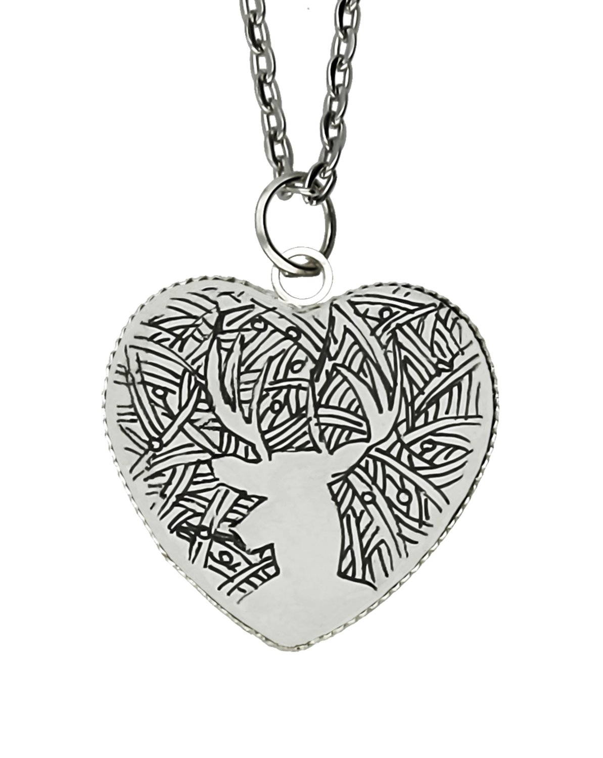Stag Abstract Silver Plated Heart Shaped Hand drawn Chain Pendant #1