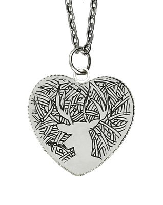 Stag Abstract Silver Plated Heart Shaped Hand drawn Chain Pendant #1 Stag Abstract Silver Plated Heart Shaped Hand drawn Chain Pendant #1