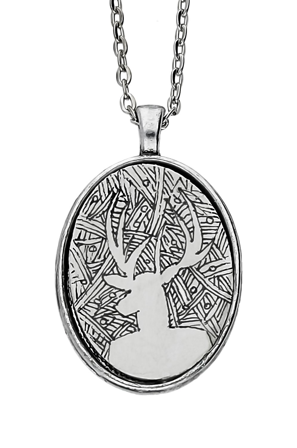 Stag Abstract Silver Plated Oval Shaped Hand drawn Chain Pendant #1