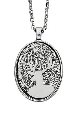 Stag Abstract Silver Plated Oval Shaped Hand drawn Chain Pendant #1 Stag Abstract Silver Plated Oval Shaped Hand drawn Chain Pendant #1
